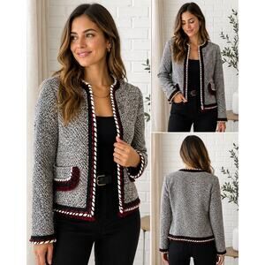 Zara Basic Tweed Jacket Womens M Black White Red Trim Open Front Cropped Blazer